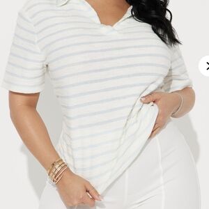 Fashion Nova White and Light Blue Striped Tee